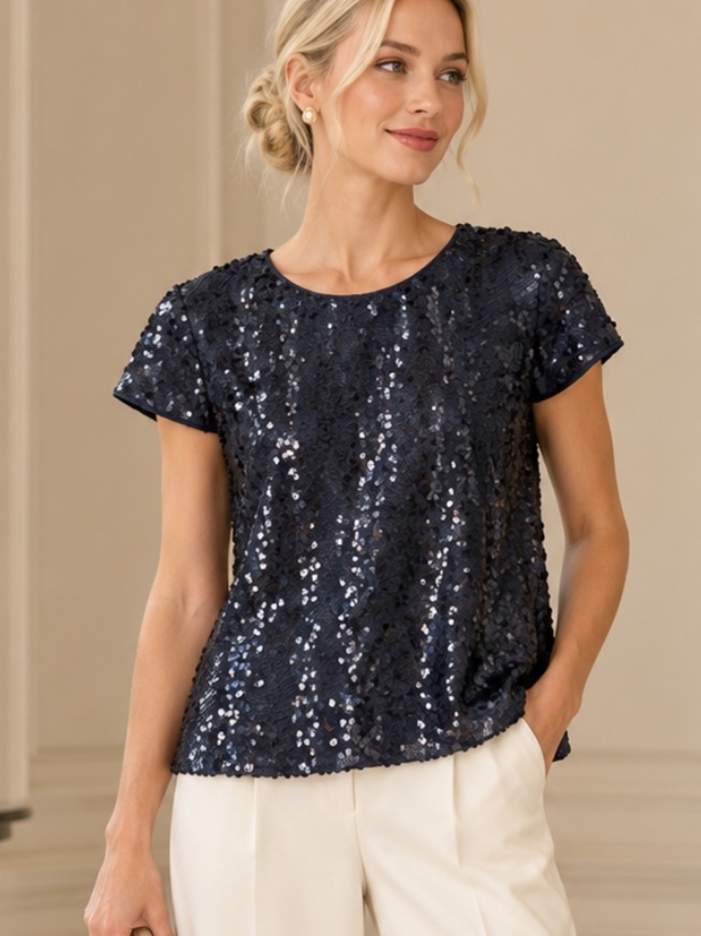 Elie Tahari Navy Sequin Short Sleeve Top Size XL 57289